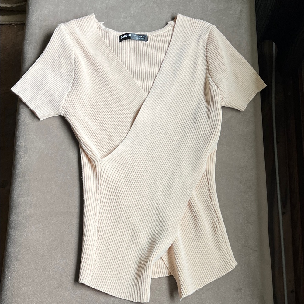SHEIN Beige Ribbed V Neck Wrap Blouse